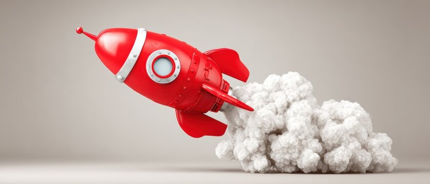 Red toy rocket launching into white fluffy cloud background illustrating imagination and childhood playfulness