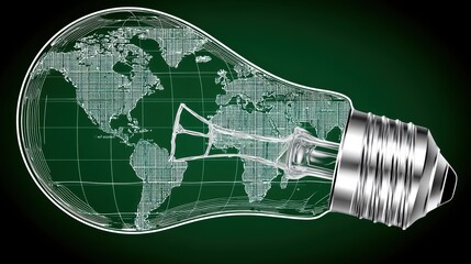 Illuminated lightbulb with a digital world map inside representing global innovation and sustainable energy concepts