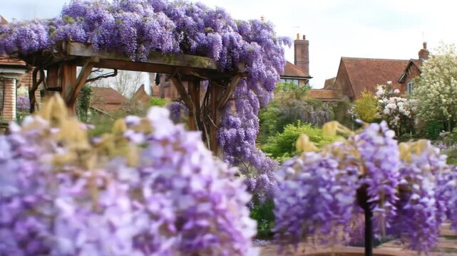 Wooden bench under wisteria arbor in a flourishing garden scene