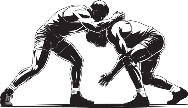 Amateur wrestlers grappling during competitive sport match aggressive takedown attempt silhouette