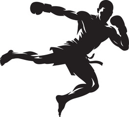 Fototapeta premium Dynamic martial arts fighter silhouette performing high flying side kick action vector design