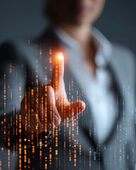 Futuristic interface businesswoman finger touch data technology innovation cybersecurity digital network glow confident vibe