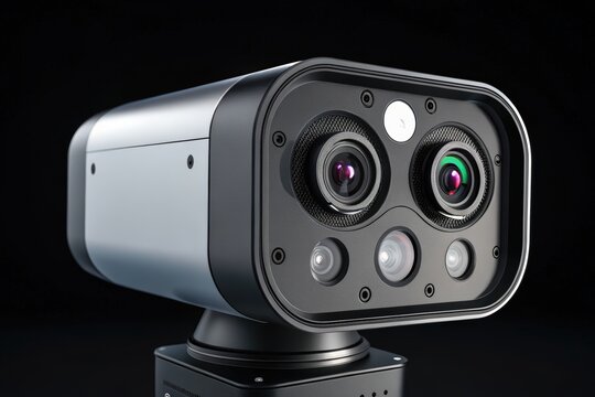 Closeup of a hightech camera with multiple lenses and a sleek design