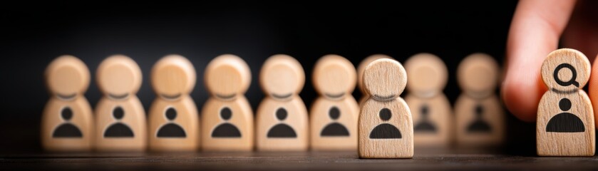 Business leadership concept with wooden figurines representing teamwork management and organizational hierarchy on black background