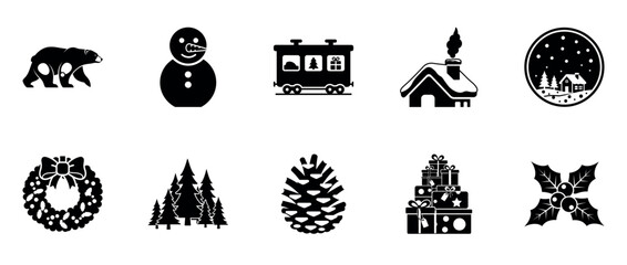 Winter holiday icons: bear, snowman, train, house, snowy village, wreath, trees, pinecone, gifts, holly