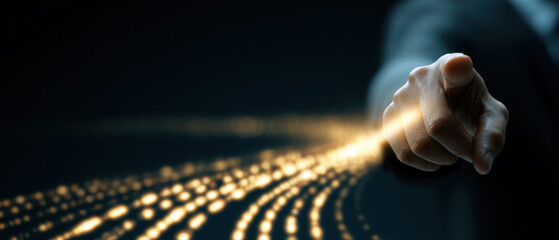 Futuristic finger touch glowing data stream hand gesture business suit innovation technology digital interface leadership focus