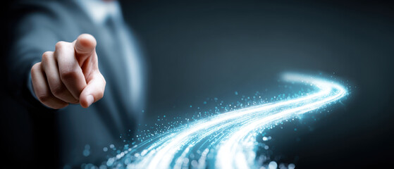 Businessman pointing finger neon light trail spark motion leadership focus suit futuristic guidance direction success ambition