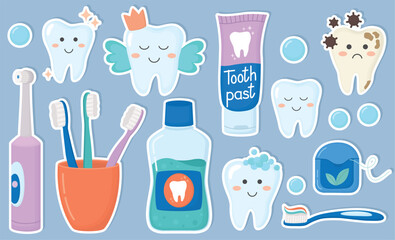 Stickers with cute teeth and oral hygiene products. illustration with cute characters, toothpaste, mouthwash, toothbrushes and dental floss 