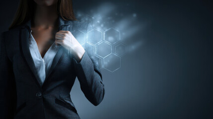Confident businesswoman modern suit white shirt corporate style dark background hexagon shapes glowing effect technology concept leadership
