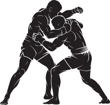 Two mixed martial arts fighters grappling in clinch position vector silhouette illustration