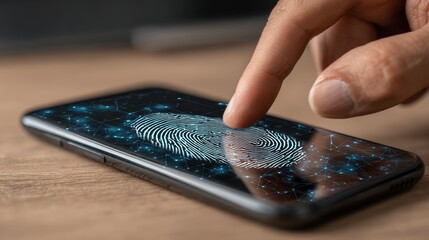 Close-up of a finger touching a smartphone screen with glowing digital fingerprint and futuristic digital data visualizations