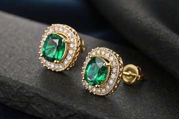 Elegant gold earrings featuring emerald green gemstones and sparkling diamond accents