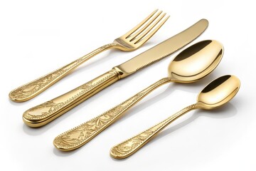 Golden cutlery set isolated on white background, including fork, knife, and two spoons