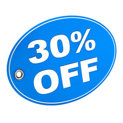 Promotional sticker with 30% off text in blue oval on transparent background