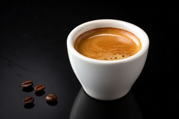 Cup of espresso with coffee beans on a black reflective surface, rich and aromatic
