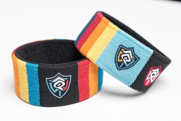 Two colorful wristbands with logo isolated on white background, sportswear for athletes