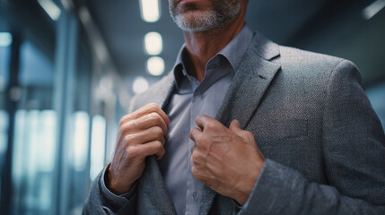 Confident business man adjusting blazer in modern office corridor, grey suit style, leadership vibe, focus, ambition, success, professional poise