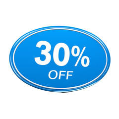 Promotional badge with 30% off text on blue background, transparent background