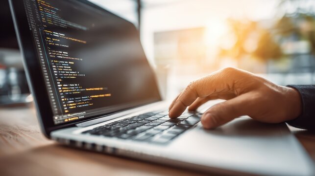 Close-up of a person's hand typing on a laptop keyboard with a code editor on screen du daytime sunlight illuminating workspace