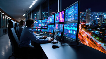 Smart city control centre with AI dashboards managing traffic and energy, glowing night city grid, high-tech operations hub