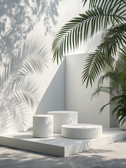 Fototapeta premium Minimalist white podiums with tropical palm leaves and dappled sunlight