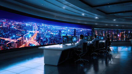 Smart city control centre with AI dashboards managing traffic and energy, glowing night city grid, high-tech operations hub
