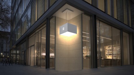 Modern glass exterior building with illuminated wall light and interior view of shelves through large at dusk
