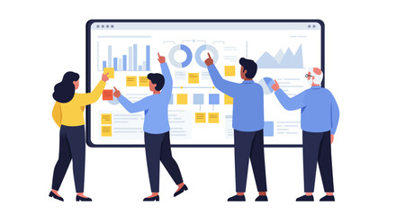 Team Analyzing Data on a Large Presentation Board.