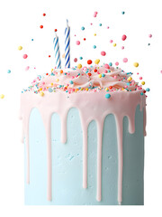 Pastel blue celebration cake with white icing and sprinkles isolated on transparent background, symbolizing joy and festivity.