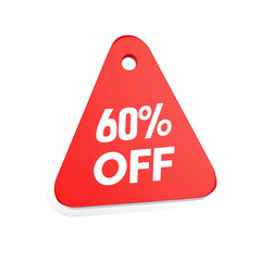 Vibrant red triangular sale tag with 60% off text on transparent background