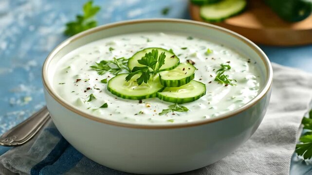 A bowl of creamy, white sauce garnished with cucumber slices and fresh green herbs