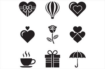 Collection of black and white love romance and celebration icons