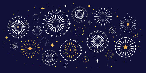 Festive abstract fireworks display with gold and white bursts against a dark navy blue background celebrating holidays and events