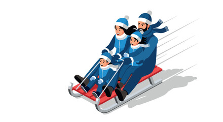 Family sledding adventure in winter landscape with flat cartoon style