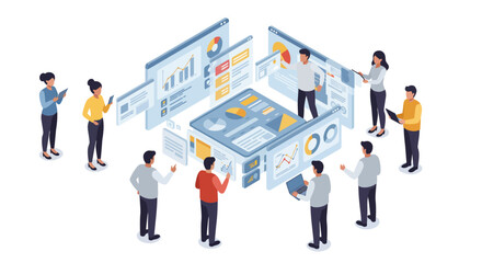 Fototapeta premium Isometric Team Analyzing Data on Digital Screens.