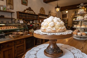 Elegant cake on wooden stand in bakery with pastries and desserts on display