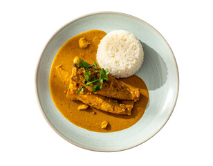 Elegant Plate of Shorshe Ilish with Steamed Rice, Overhead View, Classic Bengali Meal