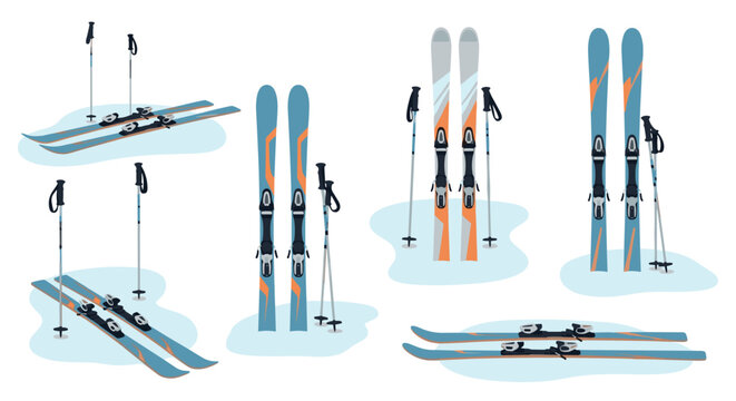 Winter ski equipment set with ski poles and skis in modern flat design