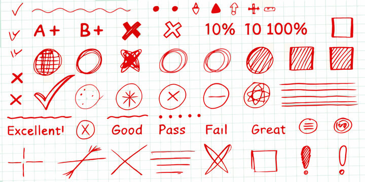 Collection of hand drawn red marks and symbols on a grid paper background for grading and feedback