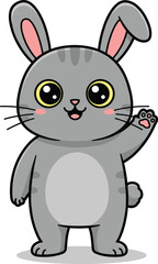 Adorable cartoon gray bunny waving, cute rabbit character with big yellow eyes, pink cheeks, fluffy tail, children’s illustration