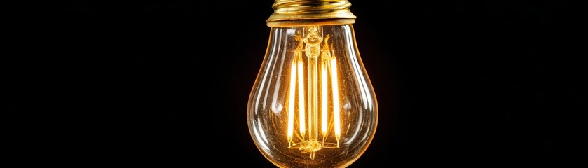 Close-up of a glowing filament light bulb hanging against a black background with warm ambient lighting and vintage design