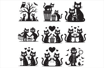 A collection of charming black cat silhouettes in various playful scenes