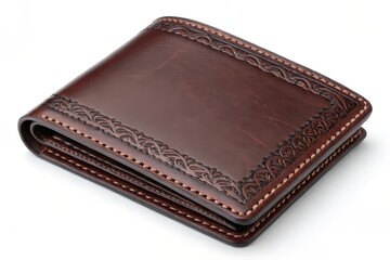 Brown leather wallet with decorative border isolated on white background