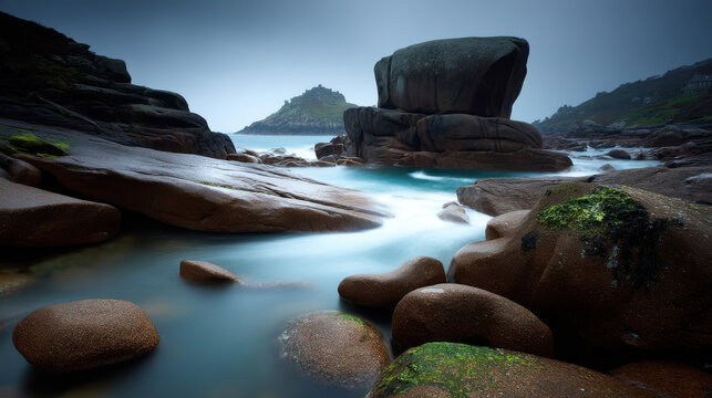 Coastal rocks and sea with a dramatic skyю A serene coastal scene featuring large, smooth rocks and the flowing sea under a moody, overcast sky, creating a tranquil atmosphere. - Powered by Adobe