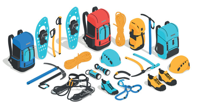 Isometric outdoor adventure gear set backpacks, climbing tools, and hiking essentials