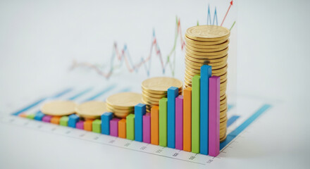 Colorful Financial Bar Graph with Gold Coins A Visual Representation of Economic Growth and Investment Performance on a Clean White Background for Business Reports