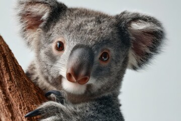 Naklejka premium Koala climbs tree trunk against a clear white background