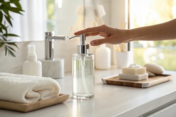 Woman using liquid soap dispenser in bathroom, hand hygiene and cleanliness