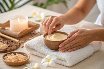 Woman preparing a natural face mask in a spa for a relaxing beauty treatment