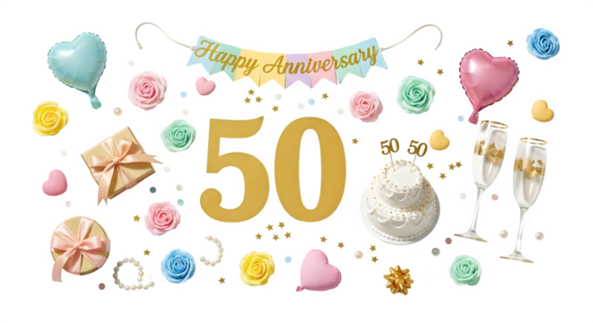 Golden 50th Anniversary Celebration, isolated on transparent background